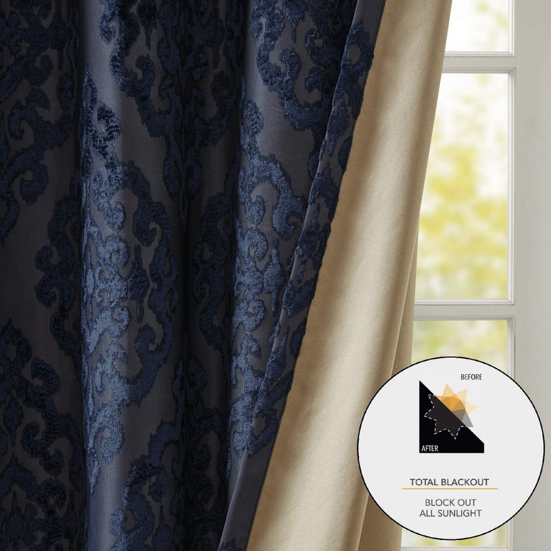 SUNSMART Sun Smart Mirage 100% Total Blackout Window Single Curtain, Knitted Jacquard Damask Room Darkening Curtain Panel with Grommet Top 50 x 84 in, Navy - Image 3